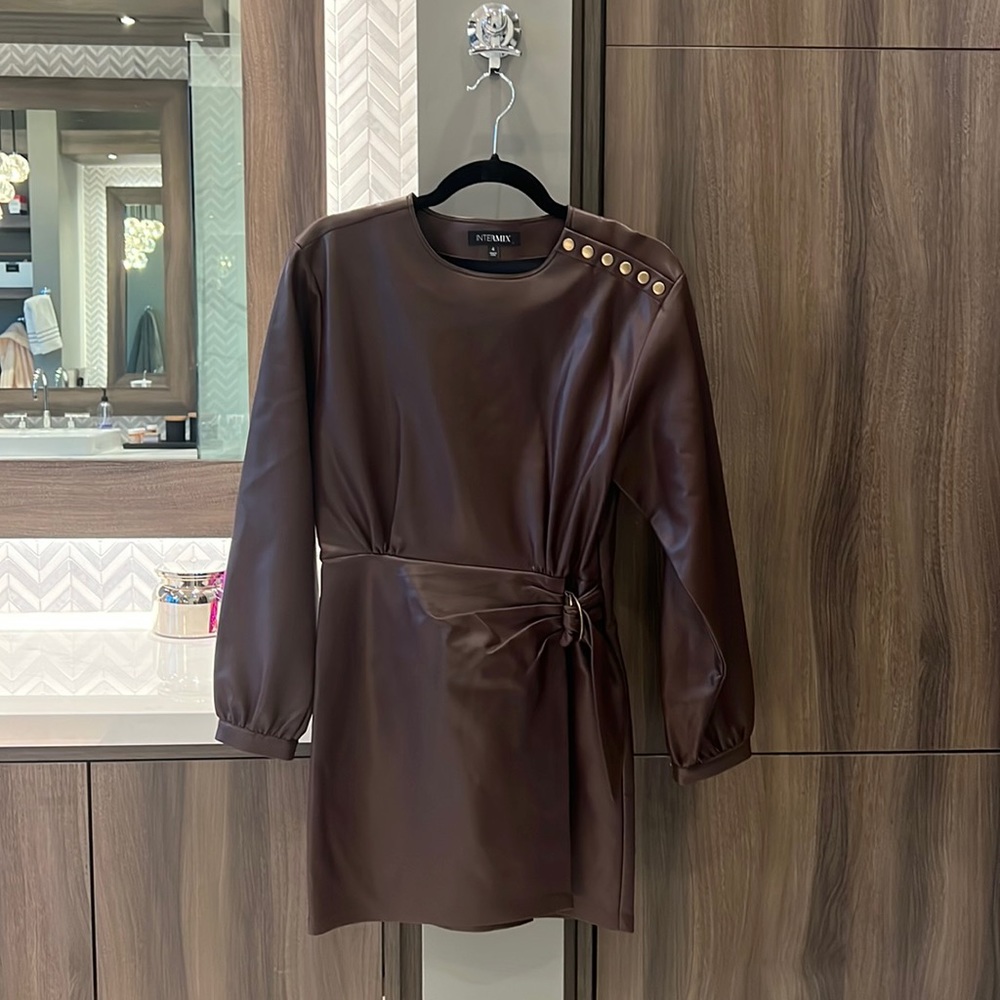 Brown vegan leather intermix dress with fun details.